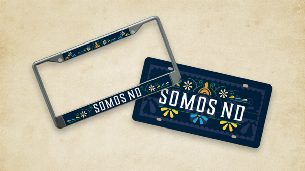 license plate and license plate frame depicting the Somos ND logo