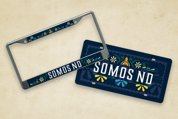 license plate and license plate frame depicting the Somos ND logo