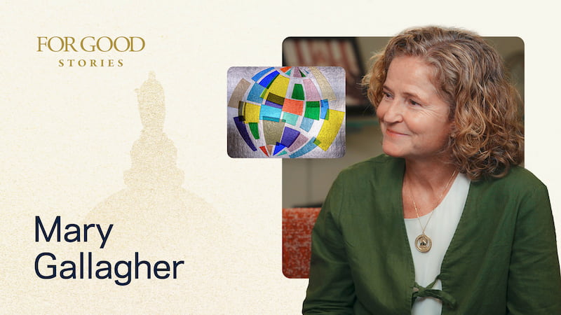Dean Mary Gallagher sits on the set of For Good: Stories from Notre Dame