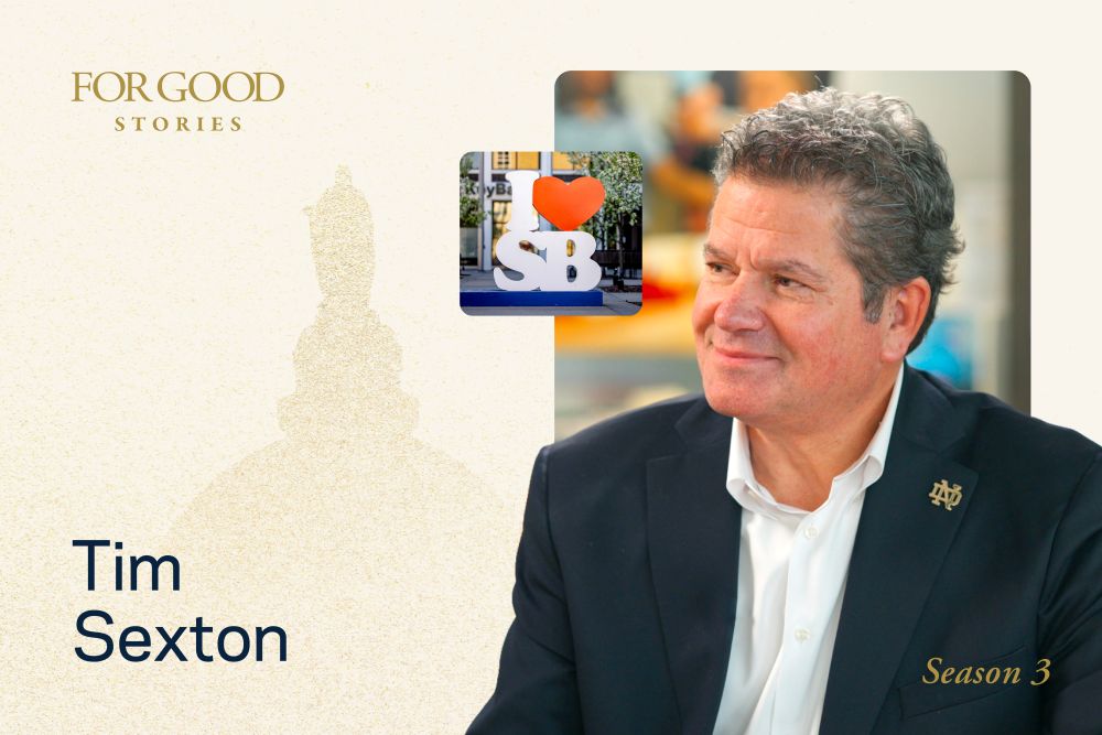 A photo of Tim Sexton with his name on the bottom left corner, the For Good Stories logo on the top left, "Season 3" on the bottom right, and a photo of the "I love SB" sign next to his head.