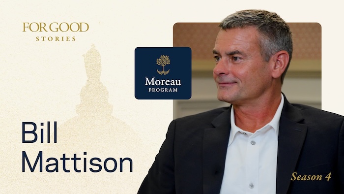 A photo of Bill Mattison with his name on the bottom left corner, the For Good Stories logo on the top left, and a photo of the Moreau Program logo..