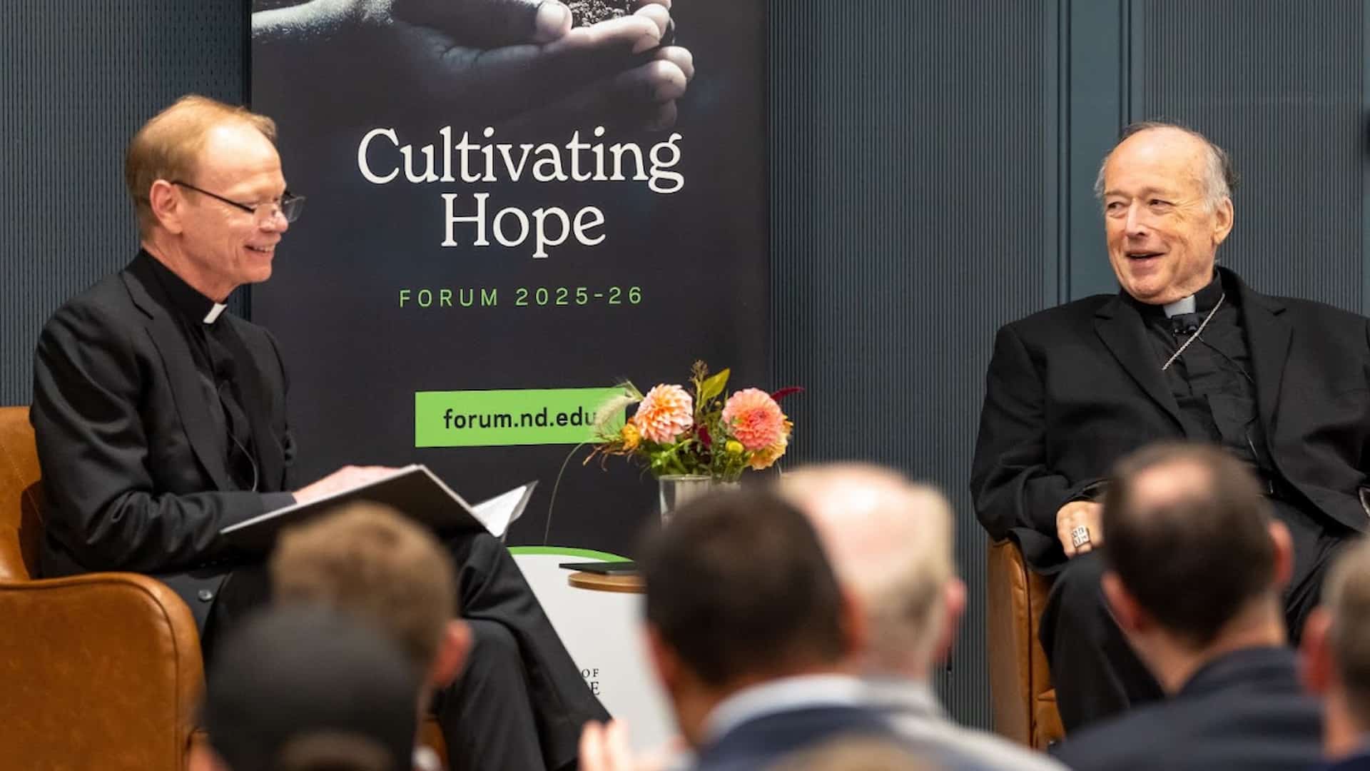 Rev. Robert A. Dowd, C.S.C., speaks with Cardinal Robert McElroy during the 2025–26 Notre Dame Forum